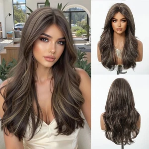 26" Dark Brown Water Wave Wig with Golden Highlights - Heat Resistant Middle Par - Picture 1 of 10