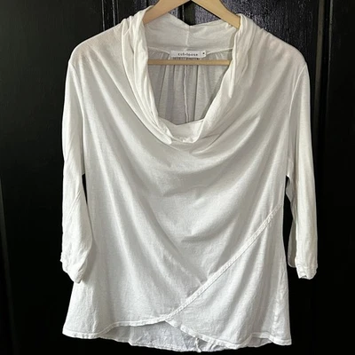 Camisa Top Corte Suelta Talla Mediana Crujiente Blanca Capucha Cuello Manga 3/4 Artística Para Mujer Foto 1 de 4