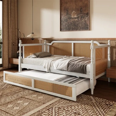 Cama de casal de vime para fazenda com cama de rodízio tamanho duplo, sem mola de caixa, branco antigo - Imagem 1 de 4