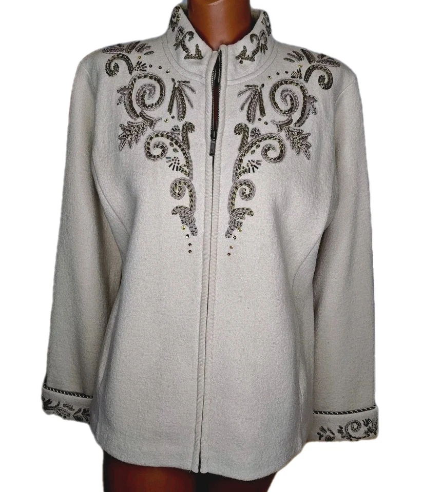 Cárdigan de diseño islandés mediano beige lana hervida adornado cremallera suéter chaqueta   Foto 1 de 4