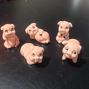 5 estatuillas vintage de lechones, rosa, porcelana de hueso genuina, hechas a mano @ 2" - Imagen 1 de 7