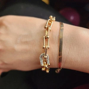 Gold Tone Link Paper Clip Luxury Inspired Bling Bracelet Set - Picture 1 of 5