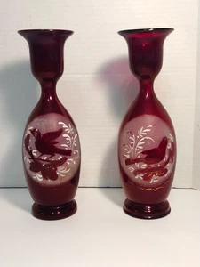 Rear A pair Ruby Red Glass Vase with Bird, Circa 1880 10'' tall - Picture 1 of 12