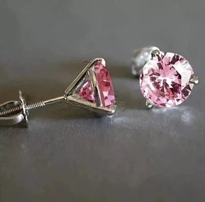 2.Ct Round Cut Lab Created Pink Diamond Women Stud Earring 14k White Gold Plated - Image 1 of 2