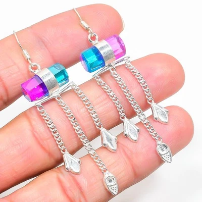 Bi-Color Tourmaline Gemstone 925 Sterling Silver Earring 2.68" b873 - Image 1 of 4