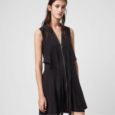Vestido negro Allsaints Jayda de seda con cremallera frontal para mujer talla pequeña TOTALMENTE NUEVO Foto 1 de 4