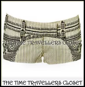 KATE MOSS TOPSHOP Cream Black Embroidered Aztec Pinstripe Shorts Hot Pants UK12 - Picture 1 of 5