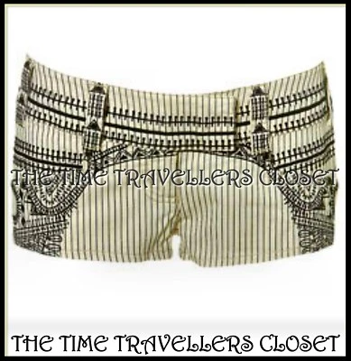 KATE MOSS TOPSHOP Cream Black Embroidered Aztec Pinstripe Shorts Hot Pants UK 12 - Image 1 of 4