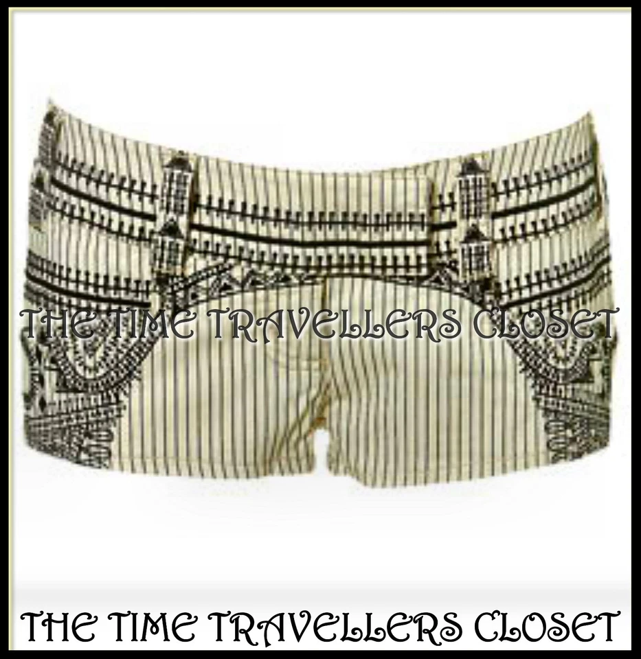 KATE MOSS TOPSHOP Cream Black Embroidered Aztec Pinstripe Shorts Hot Pants UK 10 - Image 1 of 4