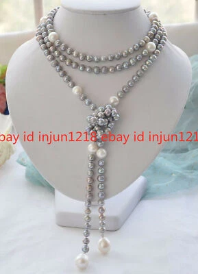Pretty 7-8mm Stunning South Sea Silver Grey 10-11 White Pearl Necklace 50inches - Image 1 of 4