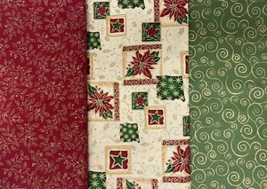 ⚜️Lot of 3 Christmas Cotton Quilt Craft Fabrics Red Green Poinsettia 2 yds Total - Picture 1 of 9