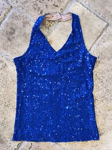 Dance Blue Sequin Costume Large Child Jazz Gymnastics Halter Free Shipping - Picture 1 of 4