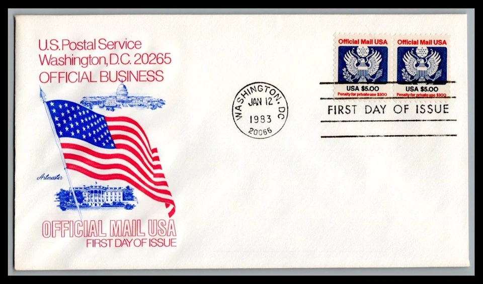 US FDC # O133 $5 Official Eagle & Shield Artmaster pair  1983, 0a1137 - Image 1 of 1