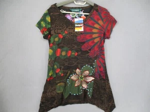 Desigual Top Womens Brown Red Green NWT Floral Short Sleeve Scoop Tunic Snake - Picture 1 of 12