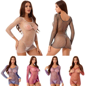 Body donna a rete trasparente manica lunga maglia minidress lingerie clubwear - Foto 1 di 44