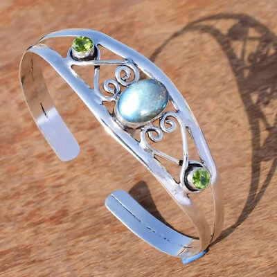 Labradorite & Peridot Cut Gemstone 925 Sterling Silver Cuff Bangle For Lover's - Image 1 of 4