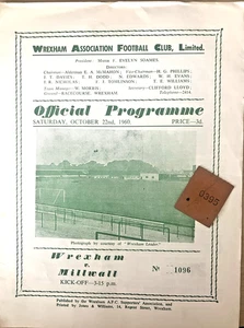 WREXHAM V MILLWALL ~ 22 DE OCTUBRE DE 1960 ~ ¿CON TALÓN DE BOLETO DE PARTIDO POSIBLEMENTE?? - Imagen 1 de 4