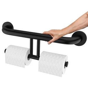 Black Handicap Grab Bar w/Toilet Paper Roll Holder, 2-in-1 Safety Assist Bar ... - Picture 1 of 7
