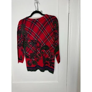 Talbots Red Black Floral Plaid Argyle Merino Wool Lightweight Sweater Women's M - Picture 1 of 8