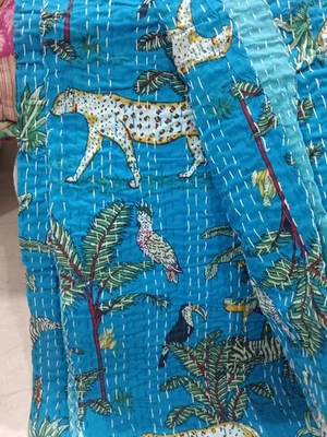 Indian Turquoise Tiger Twin Size Cotton Kantha Quilt Throw Blanket Bedspread - Image 1 of 4