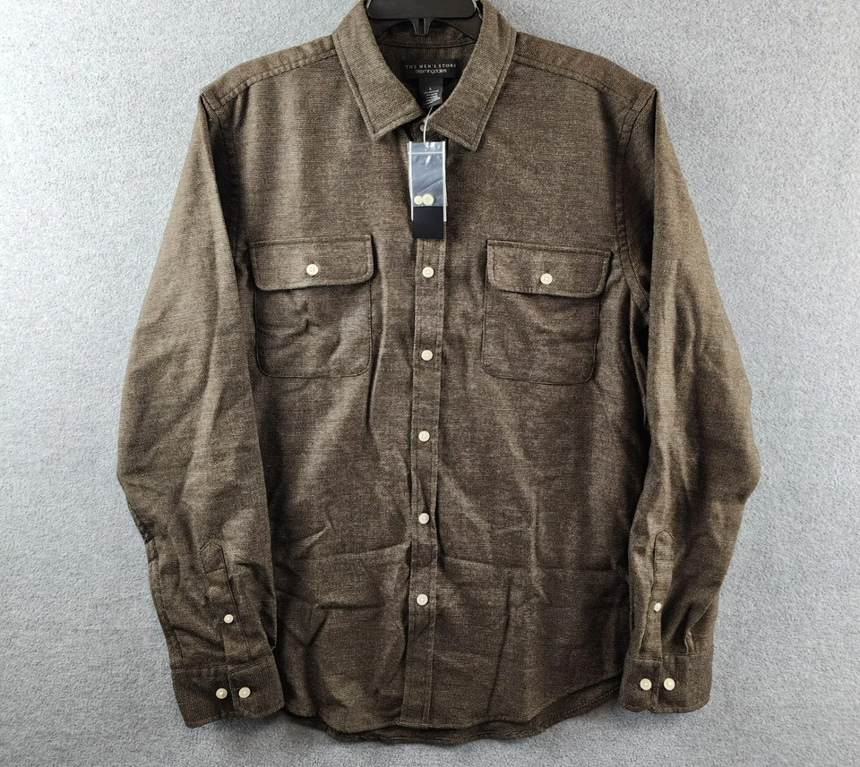 The Men's Store at Bloomingdale's Brushed Button Up Shirt L Brown Flap Pockets - Image 1 of 4