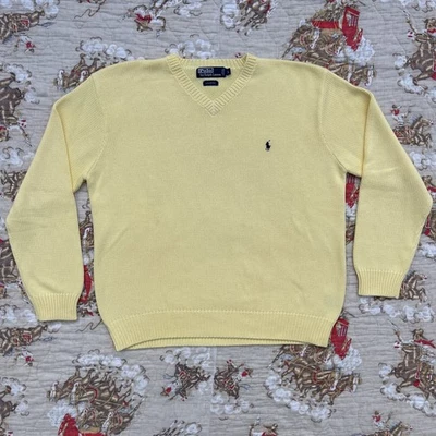 Suéter Vintage Polo Ralph Lauren Para Hombre Grande 100% Algodón Tejido Cuello en V Amarillo Años 90 Foto 1 de 4