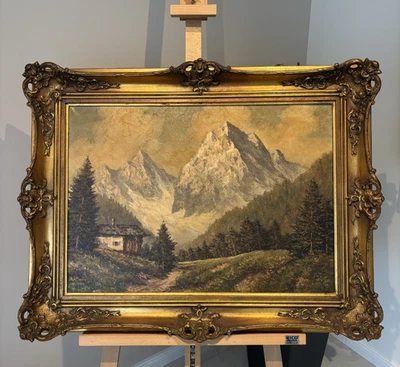 Großes Ölbild Alpen Landschaft Oberhofer Vintage Ölgemälde auf Leinwand Rahmen - Bild 1 von 4