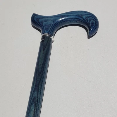 Linda bengala de madeira real azul com colarinho prateado. Cerca de 38 pol. de comprimento. BOM - Imagem 1 de 4