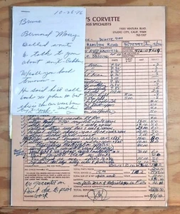 Vintage Brunos Corvette Bernard H. Morry Kundeninformationsblatt Reparaturbeleg - Bild 1 von 1