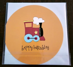 Orange Train Choo-Choo Happy Birthday Circle Blank Greeting Card & Envelope - Picture 1 of 2