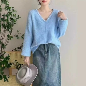 French Womens V-neck Sweater Knit Faux Pearl Winter Warm Casual Pullover Tops - Picture 1 of 11