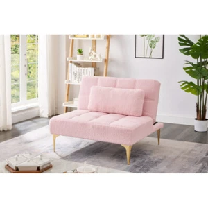 Convertible single sofa bed futon with gold metal legs teddy fabric (Pink) - Picture 1 of 44