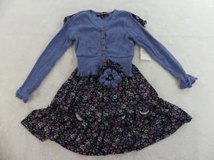 Three Pink Hearts Dress Girls XXS Blue Floral Cardigan Hair Ties A83 - Picture 1 of 14