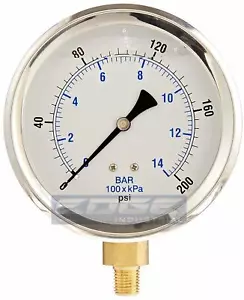 LIQUID FILLED PRESSURE GAUGE 0-200 PSI, 4" FACE, 1/4" LOWER MOUNT - Picture 1 of 2