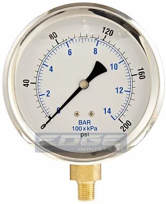 LIQUID FILLED PRESSURE GAUGE 0-200 PSI, 4" FACE, 1/4" LOWER MOUNT - Image 1 of 2