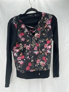 Ted Baker Sweater Women Sz 1 Black Red Floral Cloth Front Luxury Modern Designer - Picture 1 of 9