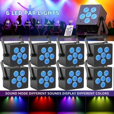 8PCS Rechargeable Stage LED PAR Light Battery RGBWA+UV DMX512 Party Halloween - Image 1 of 4