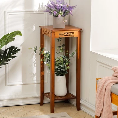 2 Tiers Bamboo Tall Narrow Side Bed Living Room Garden End Table Plant Holder - Image 1 of 4