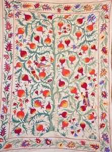 Suzani Tischläufer, Usbekische Granatapfel Stickerei, Handarbeit, Seide/Baumwolle, rot - Bild 1 von 12
