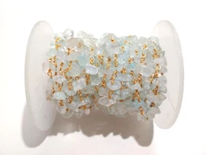 10 Feet Natural Aquamarine Chips Smooth 3-5mm Beads, Rosary Chain Gold Wire - Picture 1 of 6