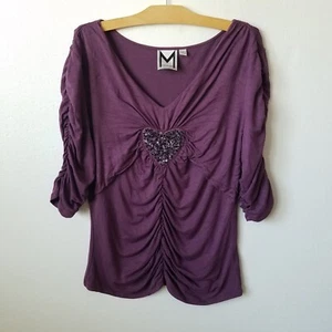 Marc Bouwer Womens L Ruched Top Sequin Heart Y2K Whimsygoth Fairy Grunge Purple - Picture 1 of 9