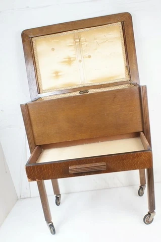 Rolling Antique British/English Oak Wood Sewing Cabinet Box Storage Cover