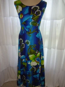 Maxi abito vintage Royal Hawaiian Barkcloth XS S blu verde fiori tropicali USA - Foto 1 di 7