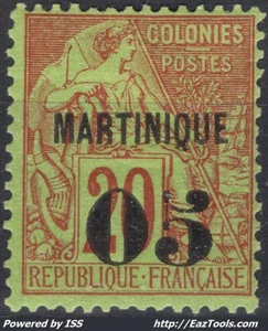 MARTINIQUE ALPHEE DUBOIS 5c SUR 20c BRIQUE SUR VERT N° 4 NEUF * AVEC CHARNIERE - Picture 1 of 2