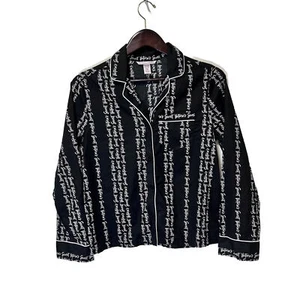 Victoria's Secret Sleepwear Pajama Top Women XS Black Logo Stripe Collar Button - Picture 1 of 16