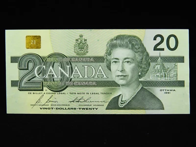 1991 $20 Dollar Bank of Canada Banknote AVC 9488654 Bonin Thiessen AU Grade Foto 1 de 4