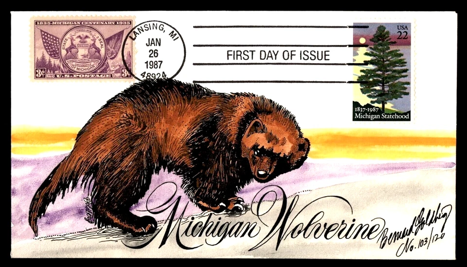 2246 22c Stamp (1987) + 775 3c Stamp (1935) MICHIGAN 150 FDC BY BERNARD GOLDBERG - Image 1 of 1