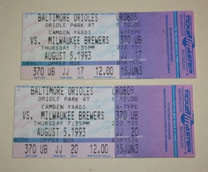 Baltimore Orioles Ticket Stub | August 5 1993 | Robin Yount Hit Ben McDonald Win - Picture 1 of 2