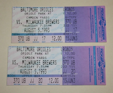 Baltimore Orioles Ticket Stub | August 5 1993 | Robin Yount Hit Ben McDonald Win Cover