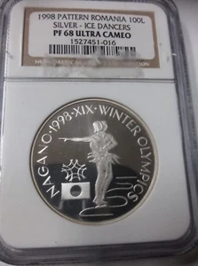 Rare 1998 Romania Silver 100 Lei Pattern Olympic Figure Skating NGC PF 68 - Picture 1 of 2